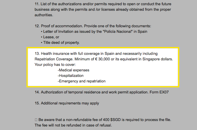 Spanish Consulate of Singapore requirements for health insurance